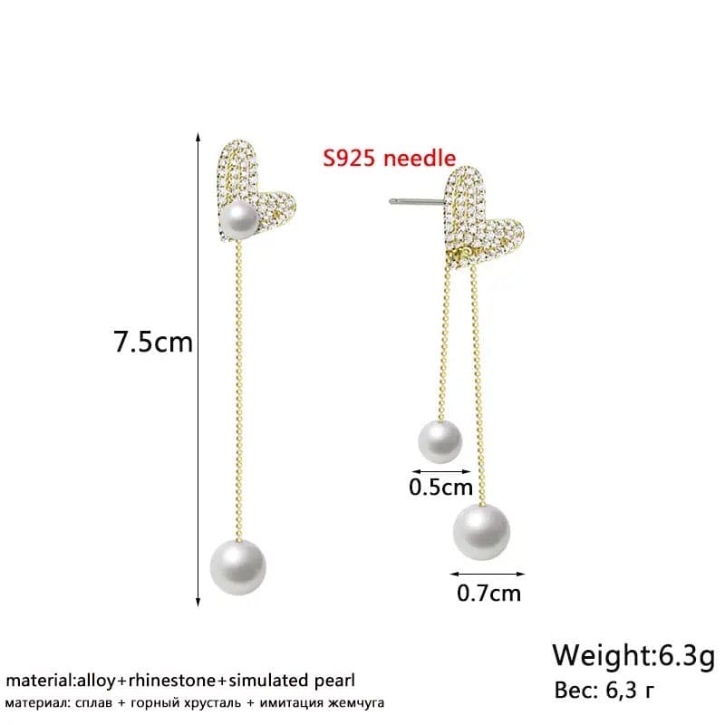 Flexible Heart Top Crystal Earrings, Hollow Heart Drop Earrings, Adjustable Pearl Tassel Ear Jewellery, Luxury Long Simulation Pearl Earrings For Women Flexible Heart Top Crystal Earrings, Hollow Heart Drop Earrings, Adjustable Pearl Tassel Ear Jewellery, Luxury Long Simulation Pearl Earrings For Women